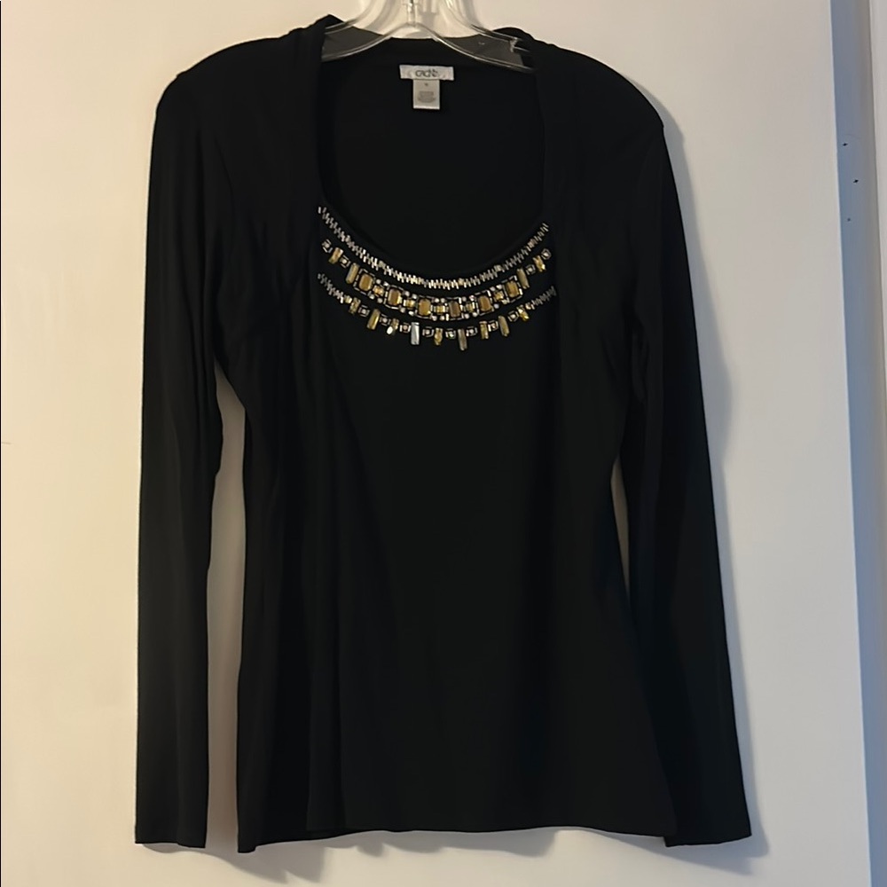 Cache Embellished Black and Gold Long Sleeve Blouse